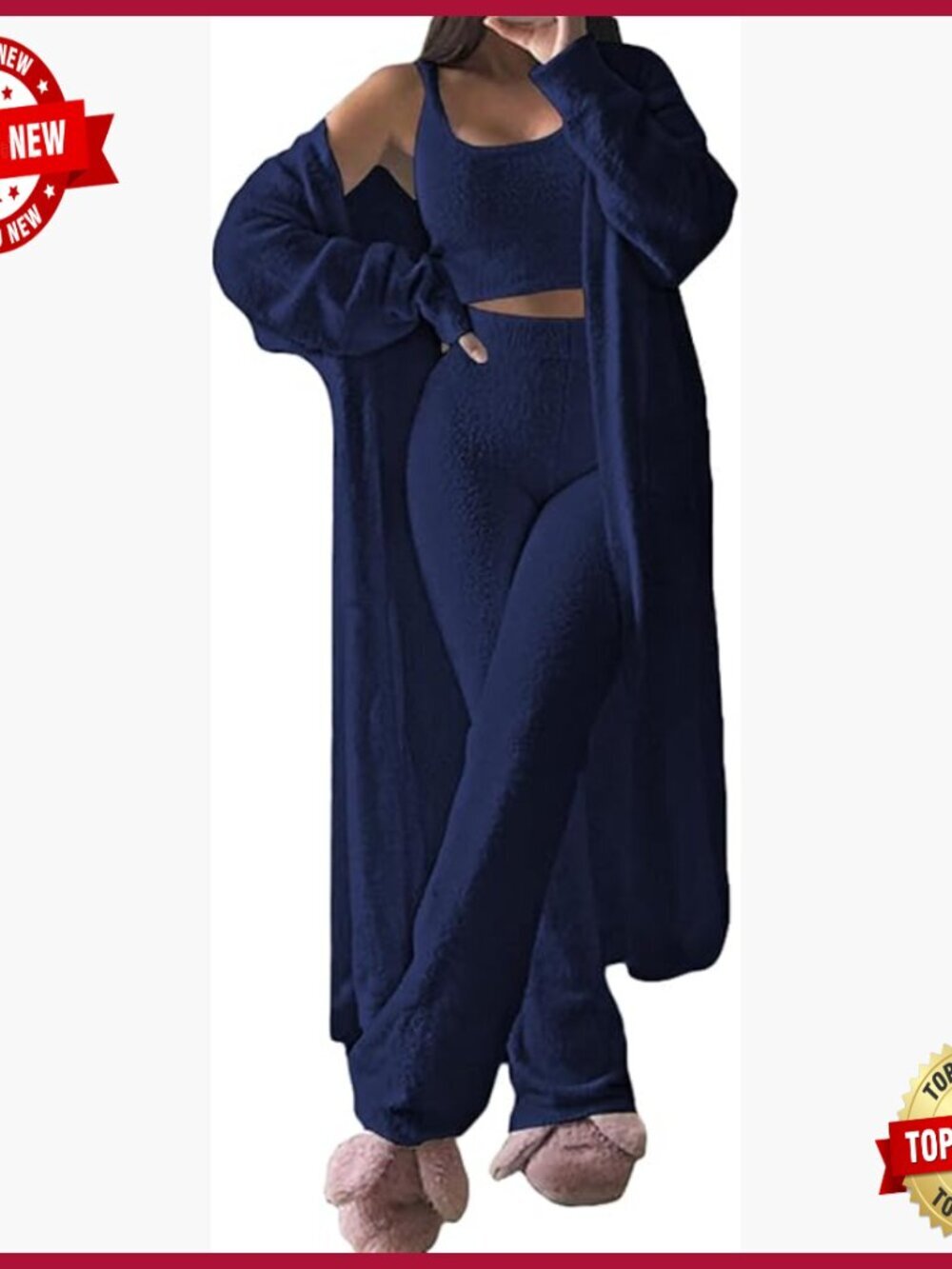 Soft Fuzzy 3 Piece Sweatsuit Lounge Set Cardigan Crop Tank Wide Leg Pants